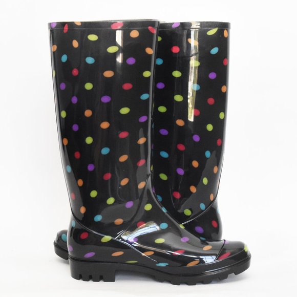 Arizona Jean Mulitcolor Black & Rainbow Polka-Dot Rain Boots Size 7 -AZ Winston- - Picture 6 of 10